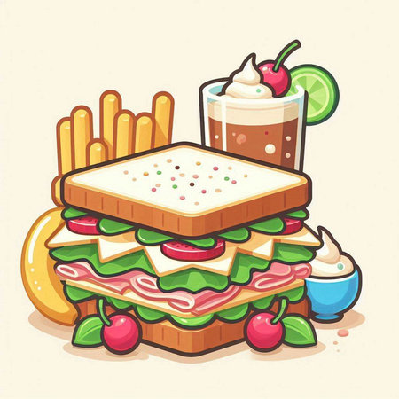 Fast food illustration of a sandwich with mayonnaise and fries.のイラスト素材