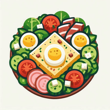Vector illustration of a salad with meat, vegetables, eggs and cheese.のイラスト素材
