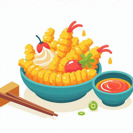 Illustration of a bowl of fried corn with sauce and chopsticksのイラスト素材