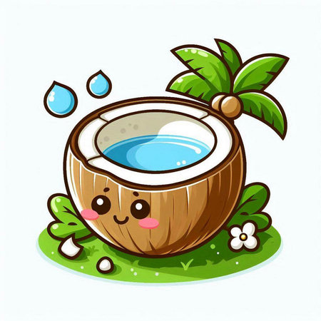 Cute cartoon coconut water in a pot on a white background.のイラスト素材