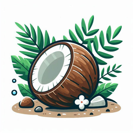 Coconut on the sand with palm leaves. Vector illustration.のイラスト素材