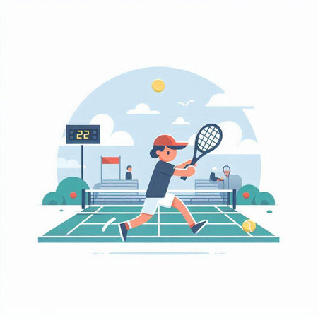 Tennis player on the tennis court. Vector illustration in flat styleのイラスト素材