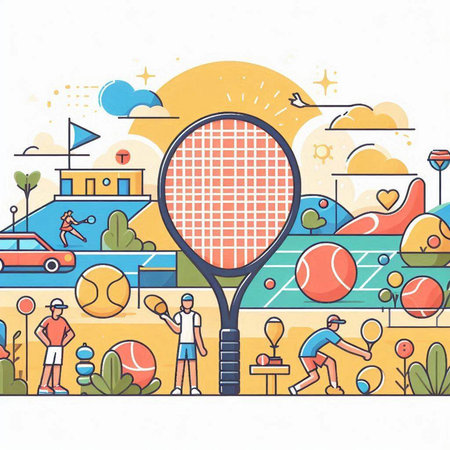 Tennis sport background. Vector illustration in flat design style with tennis racket, ball, court and people.のイラスト素材