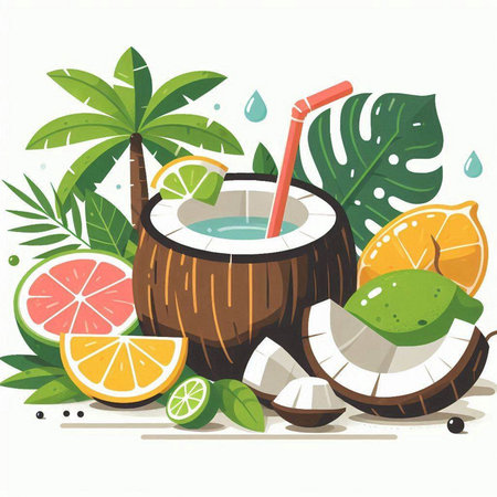 Coconut cocktail with tropical leaves and fruits, vector illustration.のイラスト素材