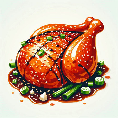 Vector illustration of roasted chicken with sesame seeds and green onions.のイラスト素材