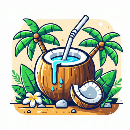 Coconut cocktail in coconut shell with palm trees. Vector illustration.のイラスト素材