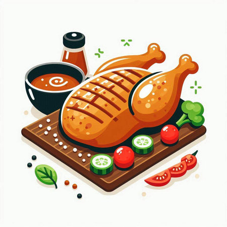 Roast chicken on wooden board with sauce and vegetables. Vector illustration.のイラスト素材