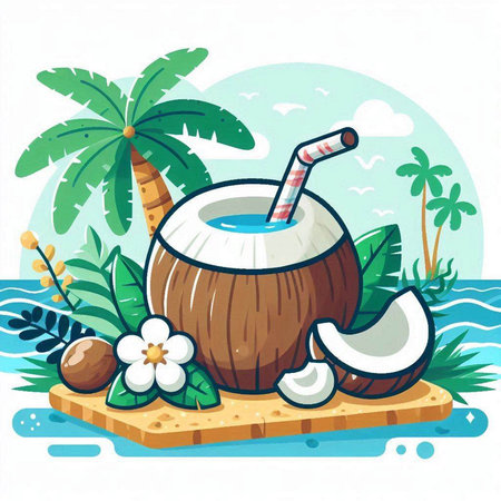 Coconut cocktail on the island in the ocean. Vector illustrationのイラスト素材