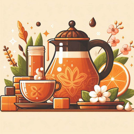 Vector illustration of teapot, cup of tea, honey, orange and flowers.のイラスト素材