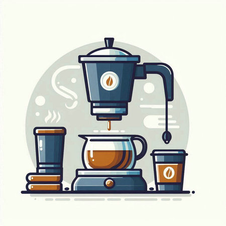 Coffee maker and cup of coffee. Vector illustration in flat styleのイラスト素材