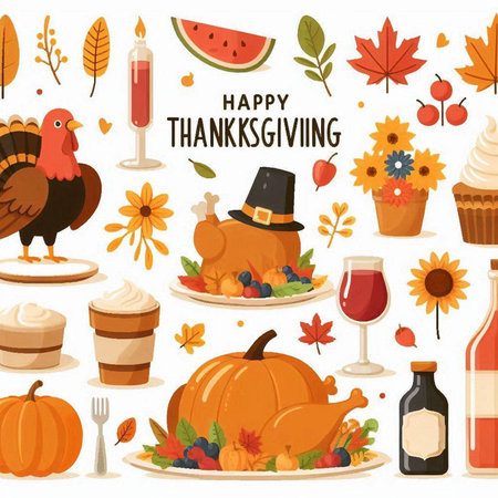 Thanksgiving day vector set with turkey, pumpkin, pie, cupcake, turkey, autumn leaves and drink.のイラスト素材