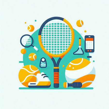 Tennis, sport equipment. Vector illustration in flat design style.のイラスト素材