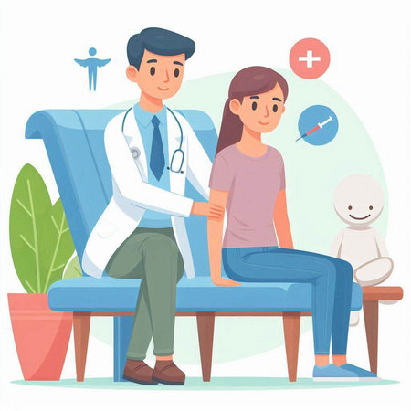 Male doctor and female patient sitting on armchair. Vector illustration.のイラスト素材