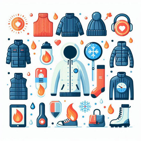 Winter clothing and accessories icons set. Vector flat illustration of winter clothing and accessories.のイラスト素材