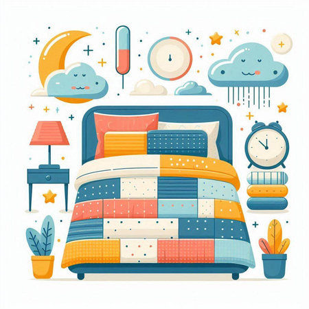 Vector illustration of cartoon bed with pillows and bedclothes.のイラスト素材