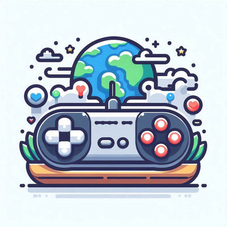 Gamepad with world and clouds. Vector illustration in modern flat line styleのイラスト素材