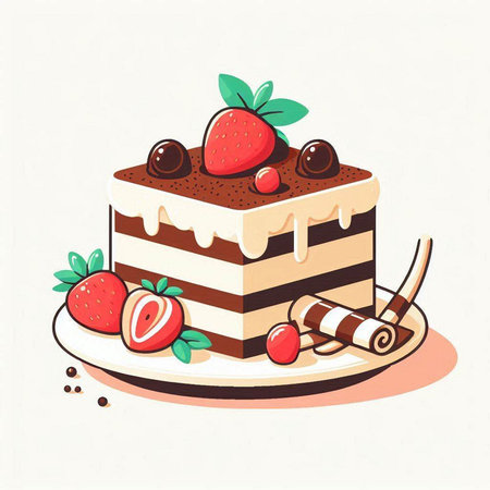 Illustration of a slice of chocolate cake with strawberries and cherriesのイラスト素材