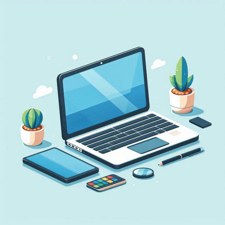 Laptop computer, smartphone, tablet and other office supplies. Vector illustration.のイラスト素材
