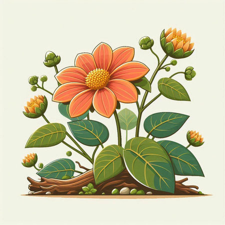 Vector illustration of dahlia flower with green leaves and buds.のイラスト素材
