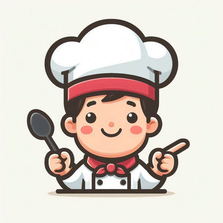 Chef boy cartoon character with spoon and ladle vector illustration.のイラスト素材