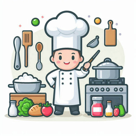 Chef cooking in the kitchen with utensils, vector illustrationのイラスト素材