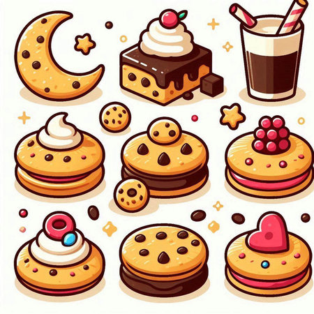 Set of icons with chocolate cookies, ice-cream and other sweetsのイラスト素材