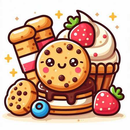 Cute cartoon vector illustration of a chocolate chip cookie with strawberry and ice creamのイラスト素材