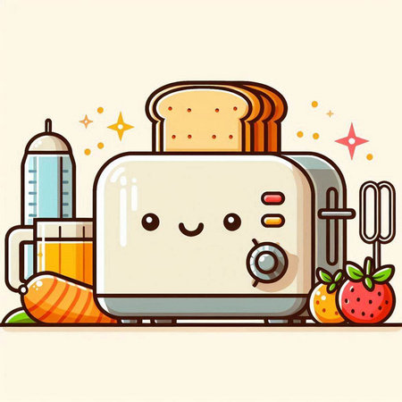 Illustration of a cute toaster with healthy food in the backgroundのイラスト素材