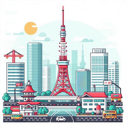 Tokyo city skyline with Tokyo tower, Japan. Vector illustration.のイラスト素材