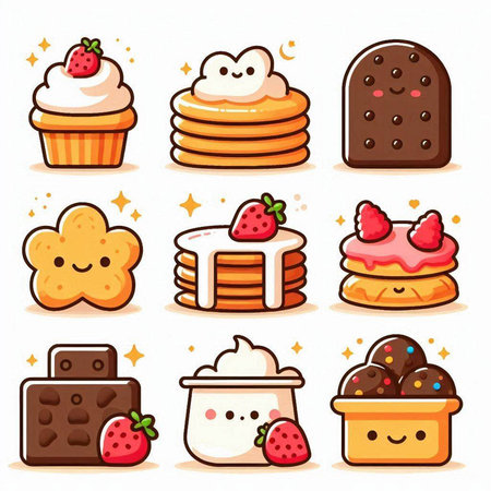 Vector illustration of a set of sweet food icons. Cute cartoon cakes.のイラスト素材