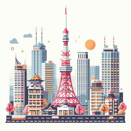 Tokyo Japan city skyline with skyscrapers and landmarks. Vector illustration.のイラスト素材