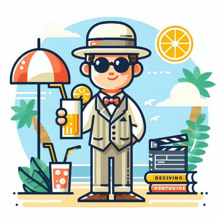 Cute boy in a hat and sunglasses with a glass of lemonade. Vector flat illustrationのイラスト素材