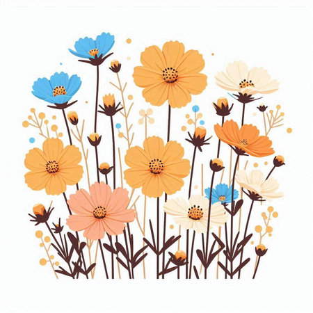 Floral background with cosmos flowers. Hand drawn vector illustration in retro style.のイラスト素材