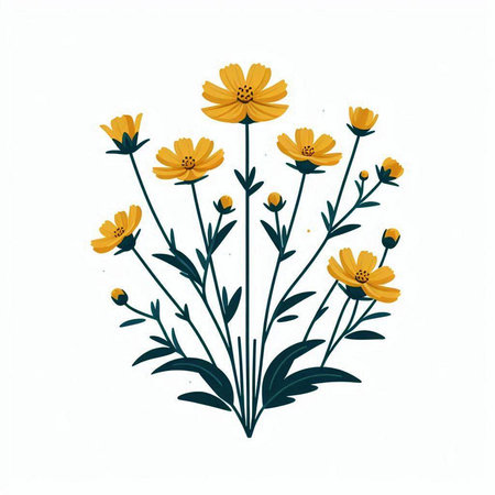 Vector illustration of yellow cosmos flowers isolated on white background. Hand drawn botanical illustration.のイラスト素材