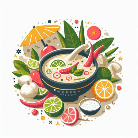 Spicy soup with vegetables and fruits. Hand drawn vector illustration.のイラスト素材