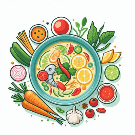 Illustration of a bowl of Thai soup with vegetables and seafood.のイラスト素材