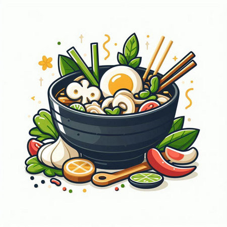 Bowl of noodle soup with vegetables and eggs. Vector illustration.のイラスト素材