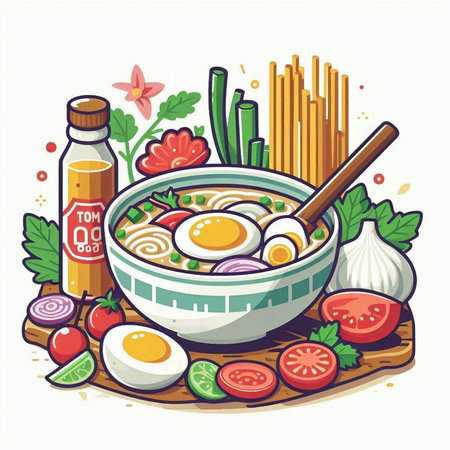 Bowl of noodle soup with egg and vegetables. Vector illustration.のイラスト素材