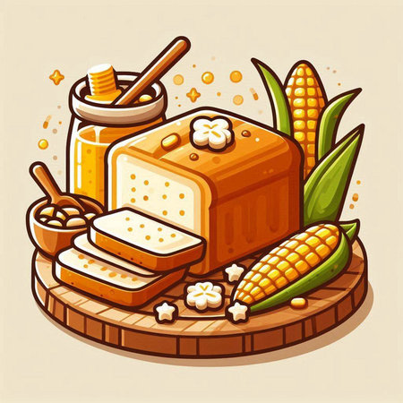 Illustration of fresh bread, honey and corn on the cob.のイラスト素材