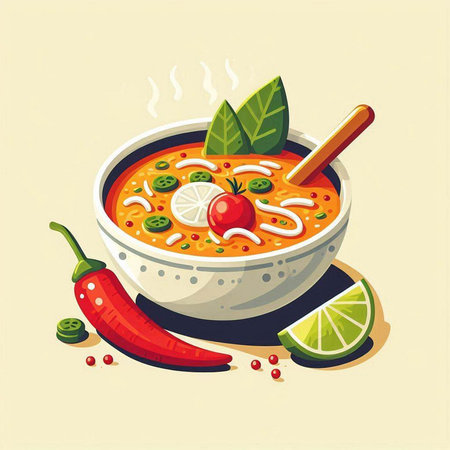 Illustration of a bowl of spicy soup with chili peppers and limeのイラスト素材
