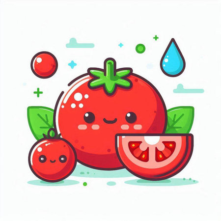 Cute cartoon tomato character with water drops. Vector flat illustration.のイラスト素材