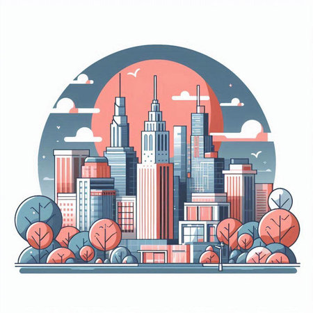Cityscape with buildings and trees in flat style. Vector illustration.のイラスト素材