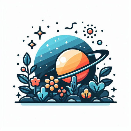 Vector illustration of planets, stars, sun and flowers in flat style.のイラスト素材