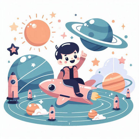 Cute boy flying on a rocket in space. Vector illustration.のイラスト素材