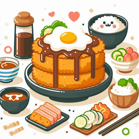 Illustration of a set of Japanese food on a white background.のイラスト素材