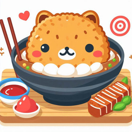 Kawaii lion in bowl with chopsticks. Vector illustration.のイラスト素材