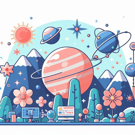 Cartoon vector illustration of planets, solar panels, sun, stars and flowers. Solar system.のイラスト素材