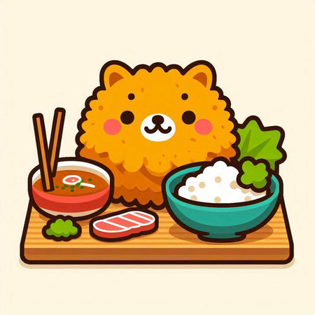 Kawaii dog with rice and chopsticks. Vector illustration.のイラスト素材