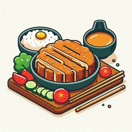 Illustration of a Japanese style pork cutlet with rice and vegetableのイラスト素材