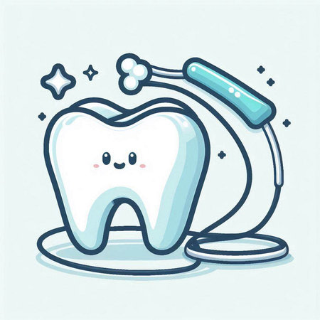 Cute cartoon tooth with dental stomatology tools. Vector illustration.のイラスト素材